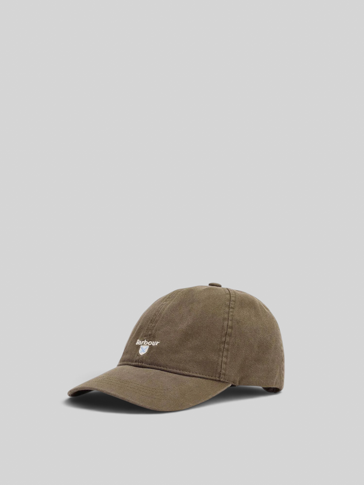 Baffle Haus olive green cotton baseball cap with Barbour embroidered crest logo on the front