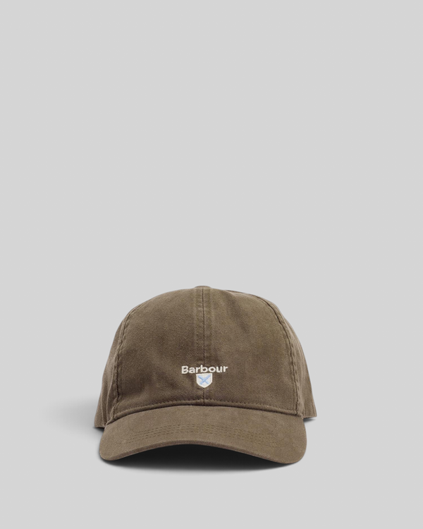 Baffle Haus olive green Barbour Cascade cotton sports cap with embroidered crest logo on the front panel