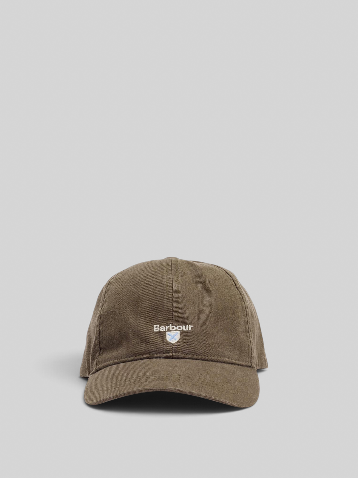 Baffle Haus olive green Barbour Cascade cotton sports cap with embroidered crest logo on the front panel
