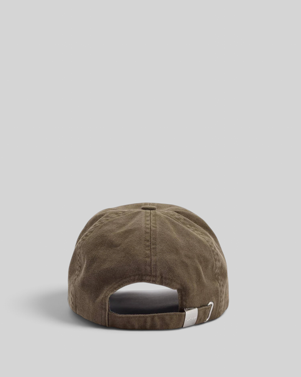 Baffle Haus Barbour olive cotton sports cap showing the adjustable metal slider and back detail