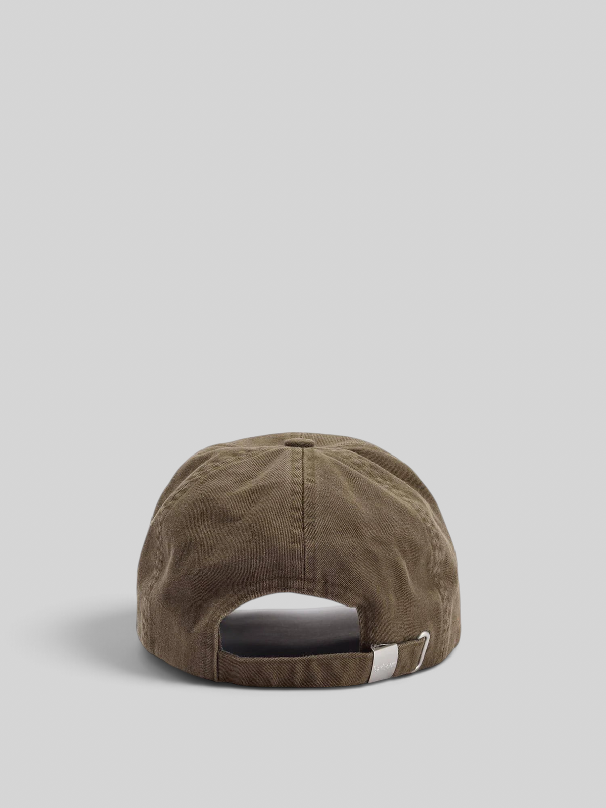 Baffle Haus Barbour olive cotton sports cap showing the adjustable metal slider and back detail