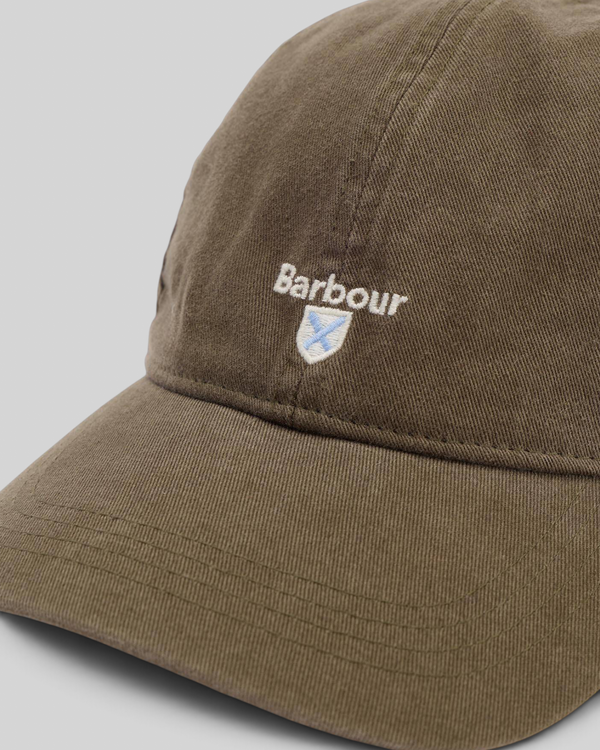 Baffle Haus olive green 100% cotton Barbour Cascade sports cap with embroidered crest logo on the front