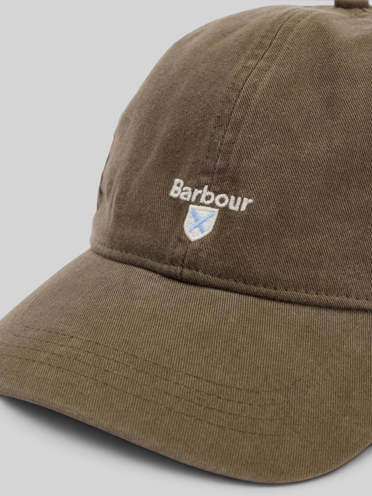 Baffle Haus olive green 100% cotton Barbour Cascade sports cap with embroidered crest logo on the front