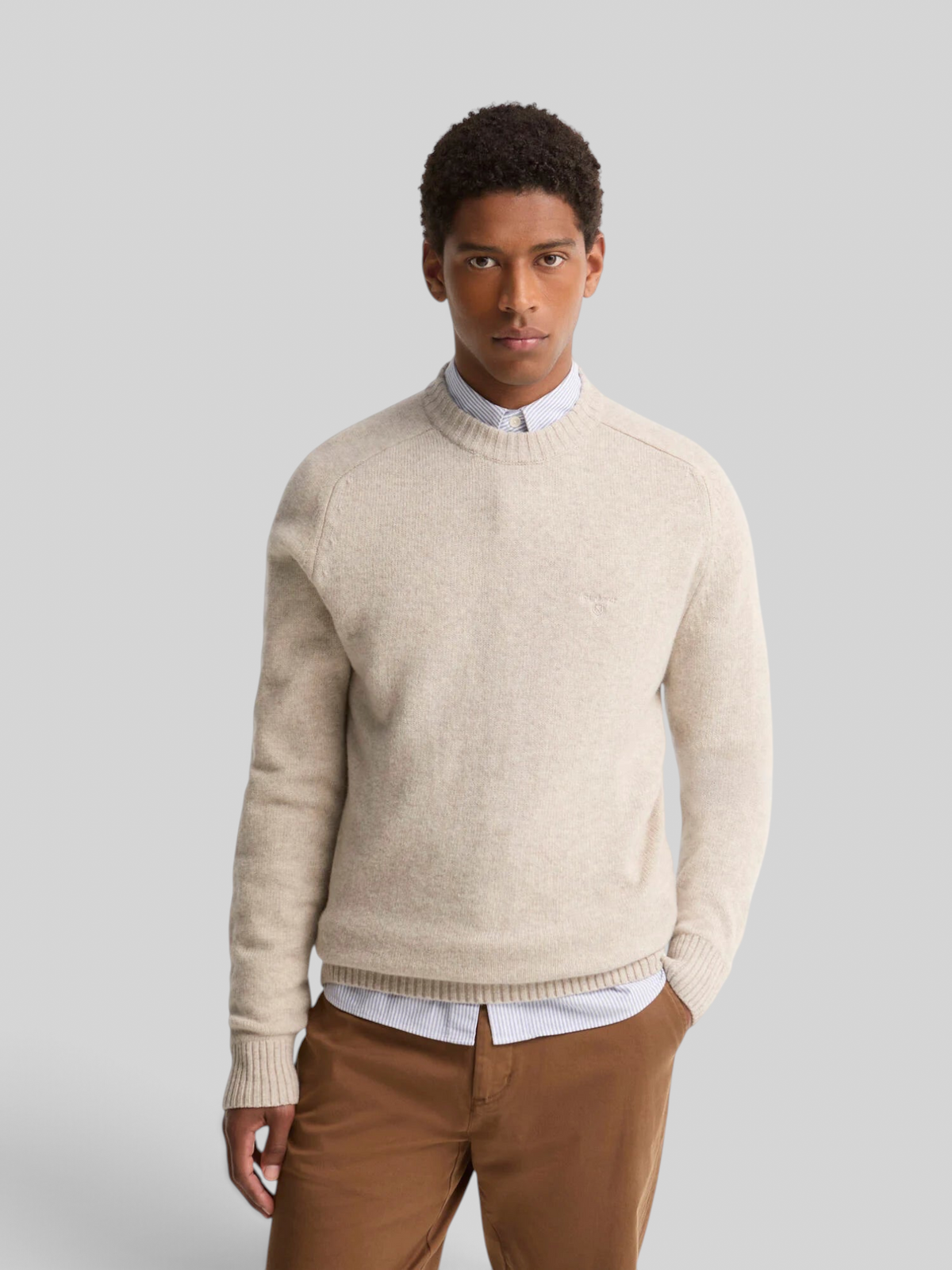 Baffle Haus Barbour light grey lambswool crew neck jumper with ribbed cuffs and chest embroidery on a male model