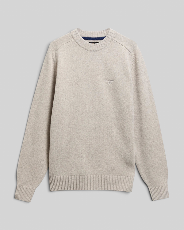 Baffle Haus Barbour Newtown light grey lambswool crew neck jumper with ribbed cuffs and chest embroidery