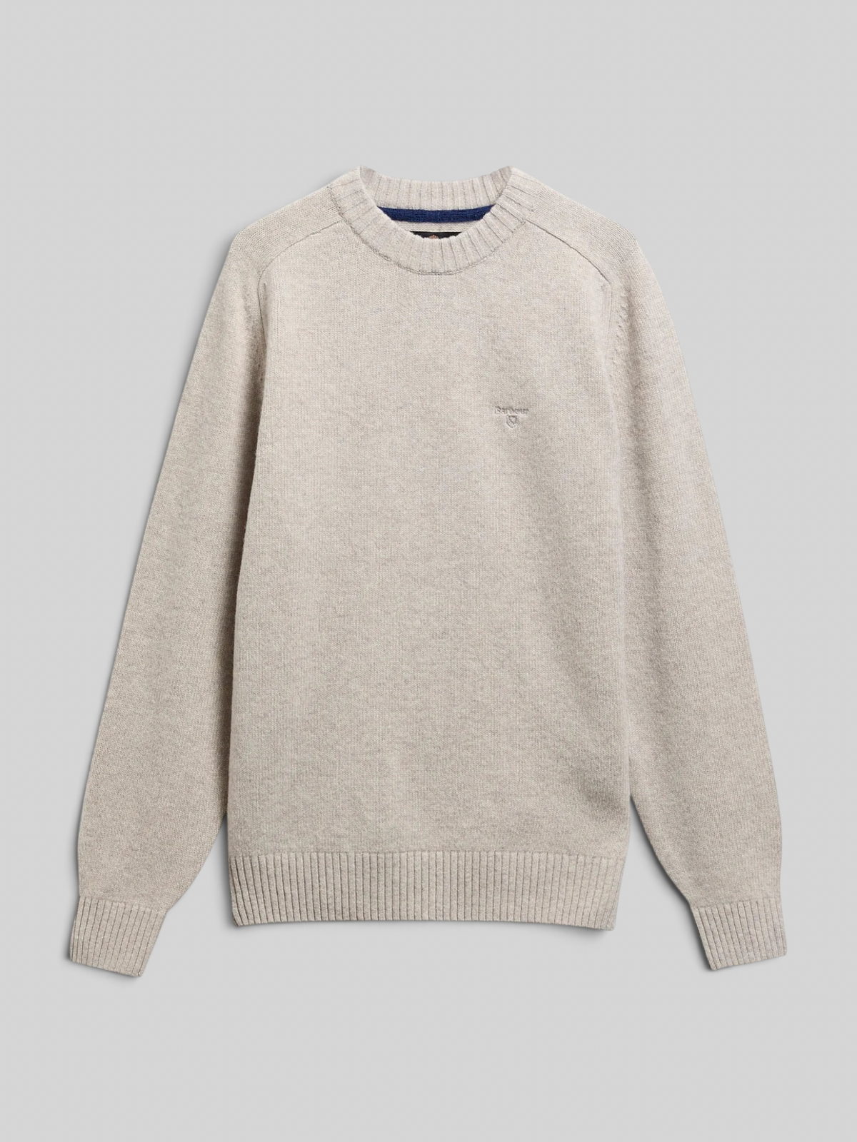 Baffle Haus Barbour Newtown light grey lambswool crew neck jumper with ribbed cuffs and chest embroidery