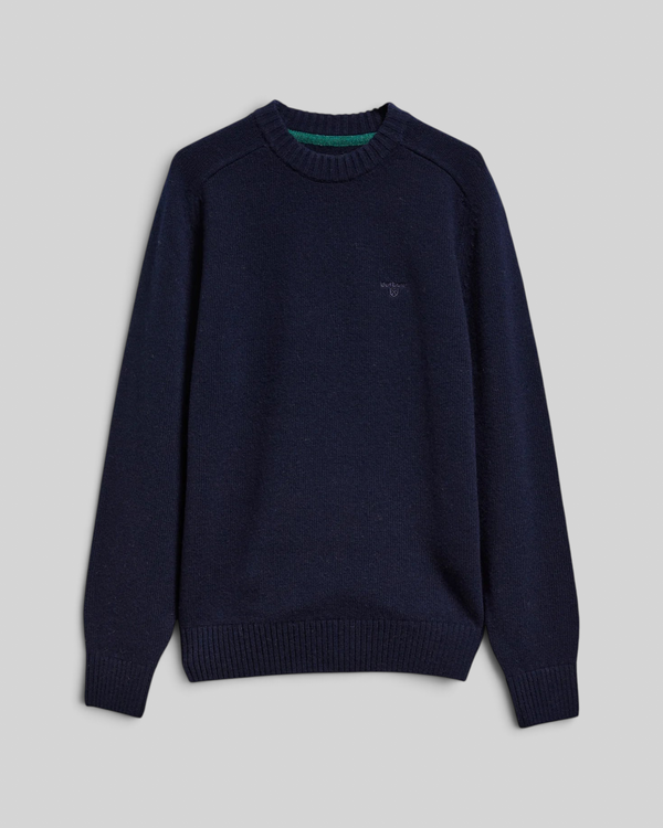 Baffle Haus Barbour Newtown navy lambswool crew neck jumper with ribbed cuffs and subtle chest embroidery