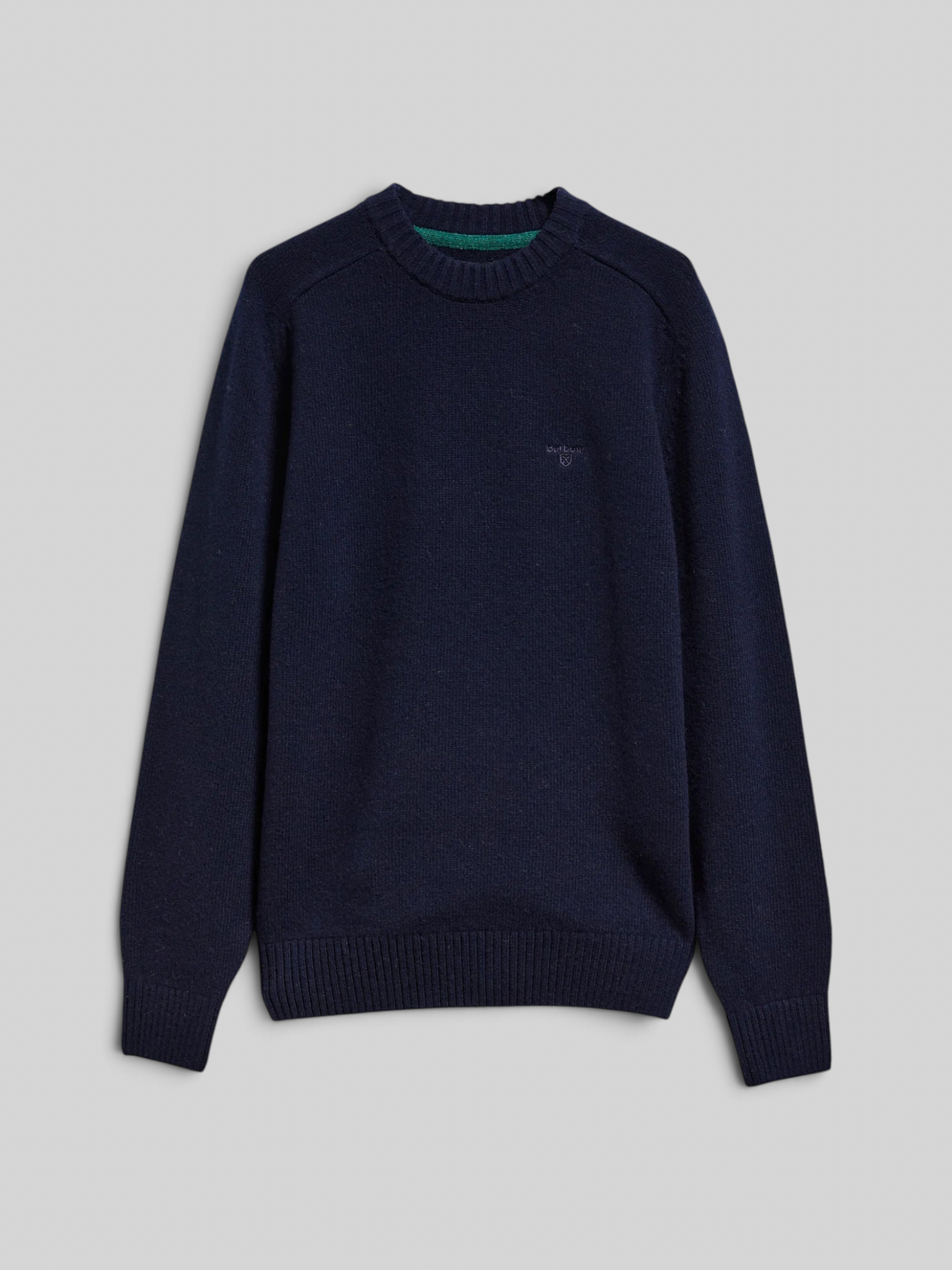 Baffle Haus Barbour Newtown navy lambswool crew neck jumper with ribbed cuffs and subtle chest embroidery