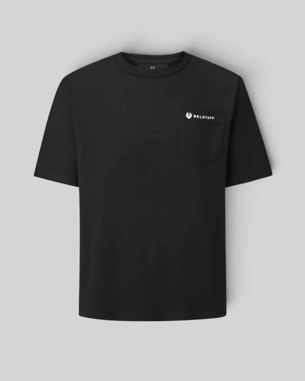 Baffle Haus black cotton jersey Capital T-shirt with crew neck, short sleeves, and chest pocket with Belstaff logo.