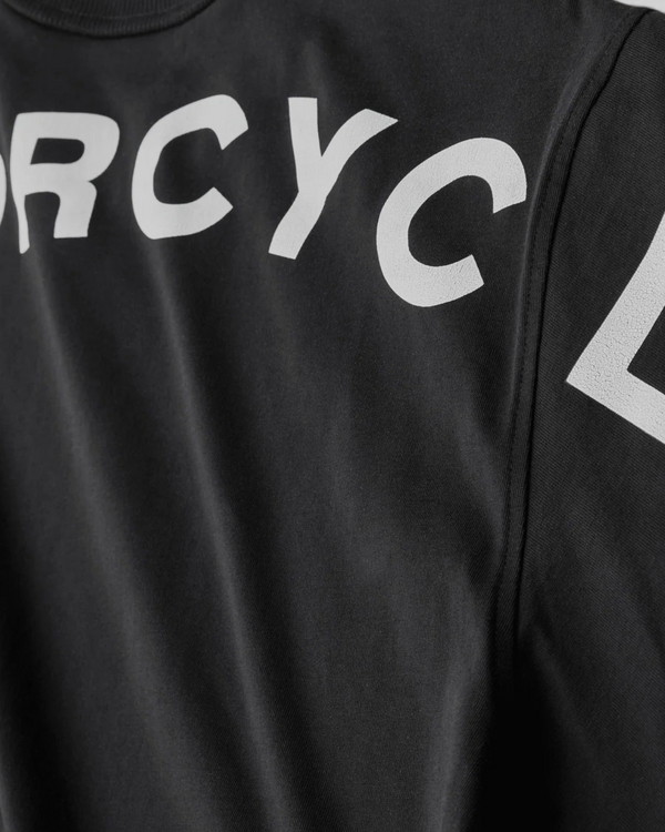 Baffle Haus black cotton jersey Capital Tee featuring white printed motorcycle text across the back shoulders