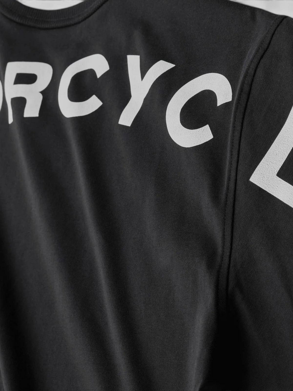 Baffle Haus black cotton jersey Capital Tee featuring white printed motorcycle text across the back shoulders