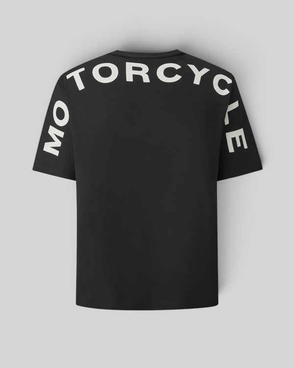 Baffle Haus Capital black cotton jersey t-shirt with white motorcycle graphic print on the back