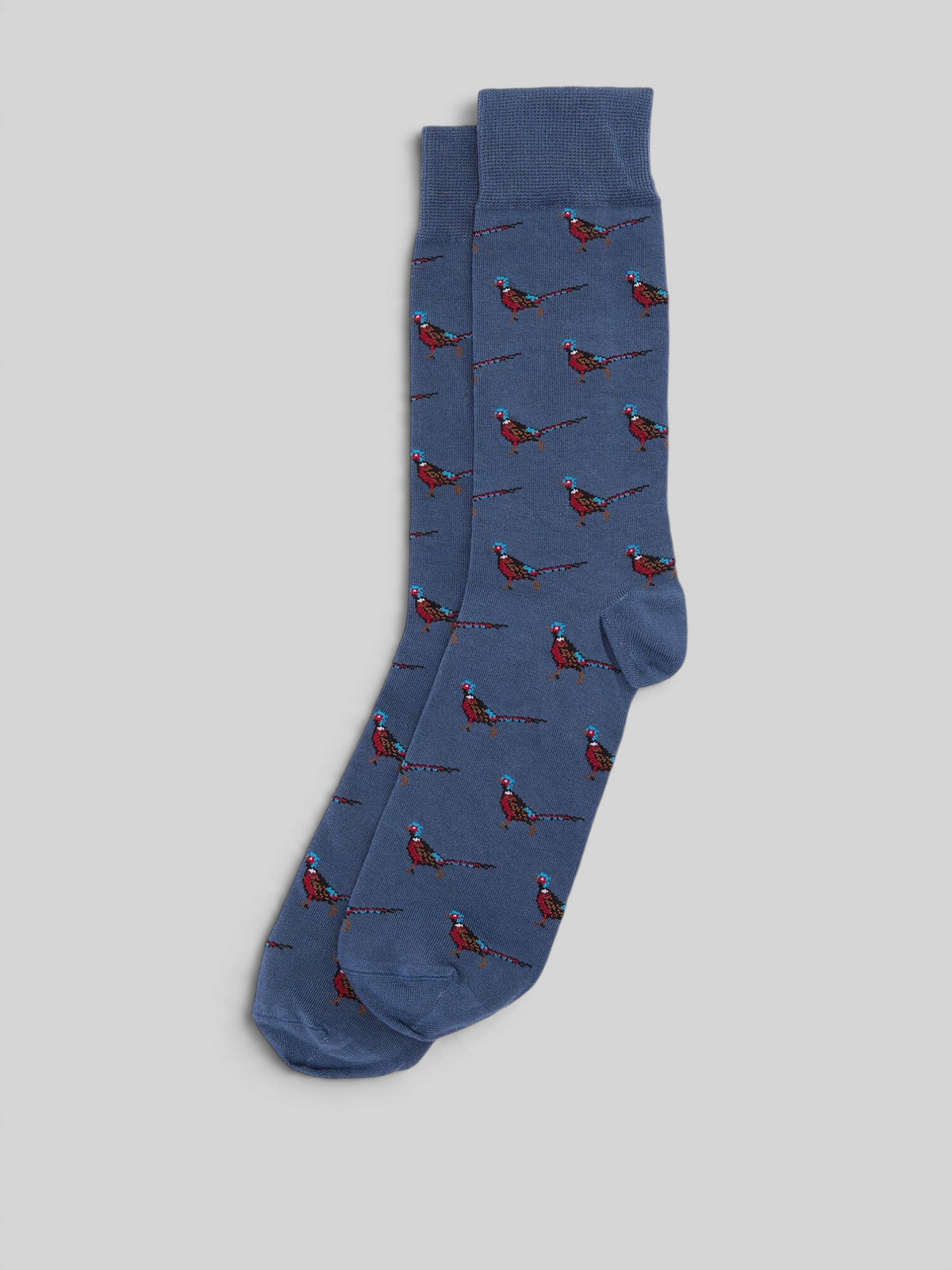 Baffle Haus navy ankle socks featuring a colourful pheasant pattern in a soft stretch-cotton blend knit.