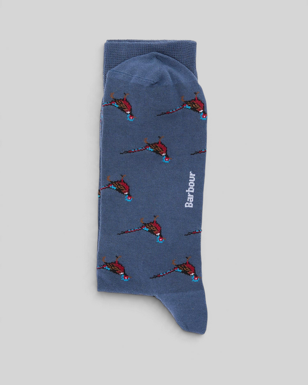 Baffle Haus navy ankle socks featuring a colourful pheasant intarsia knit pattern and Barbour logo on the sole.
