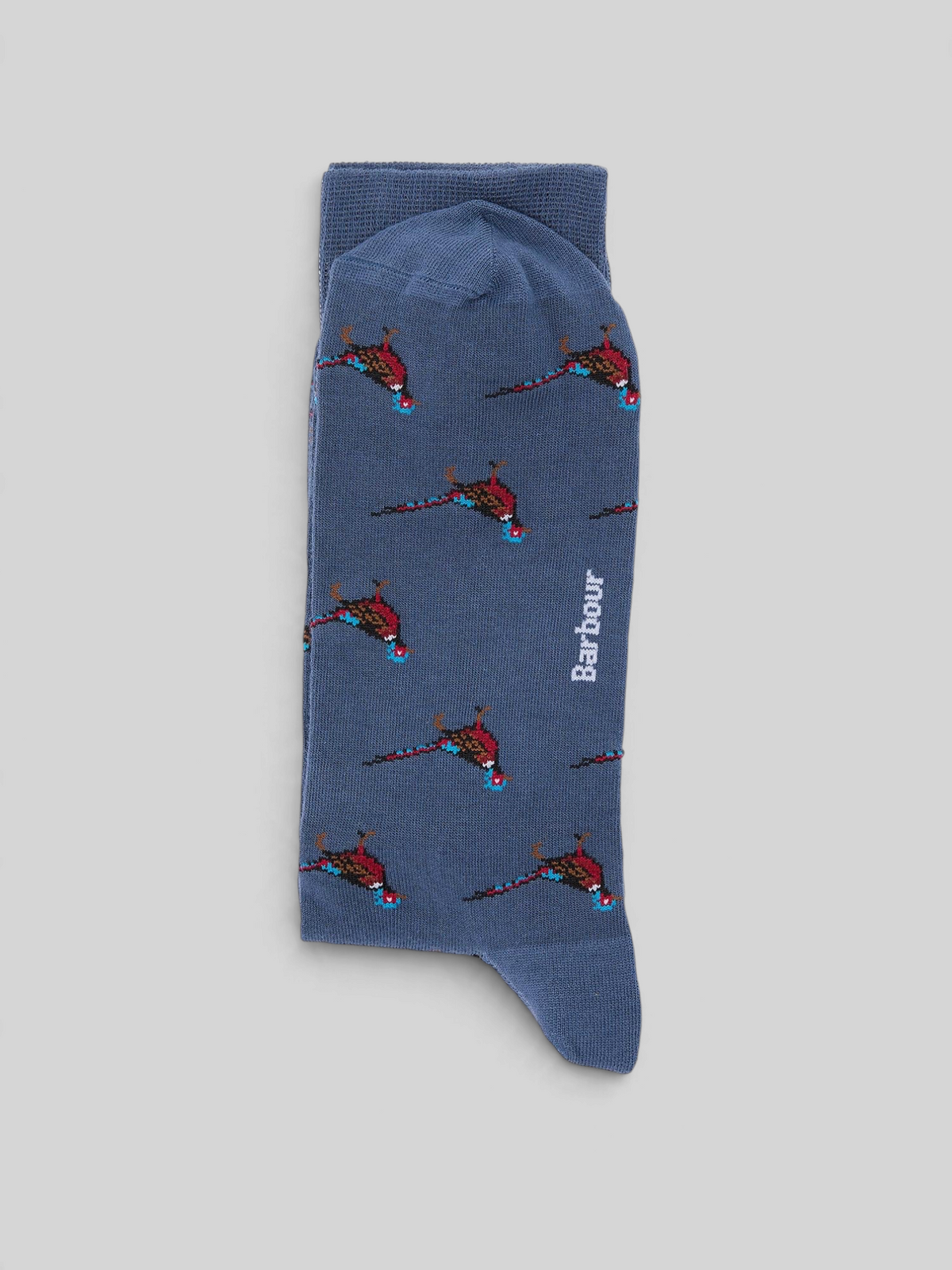 Baffle Haus navy ankle socks featuring a colourful pheasant intarsia knit pattern and Barbour logo on the sole.