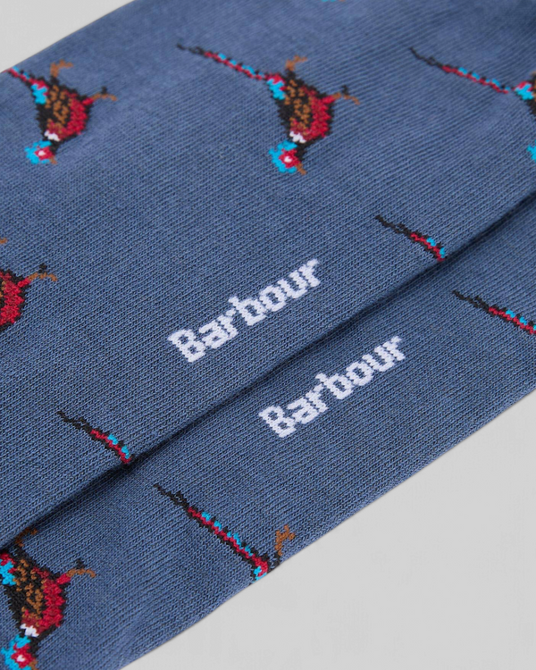 Baffle Haus Barbour Mavin navy ankle socks with pheasant intarsia knit pattern and white logo on the sole