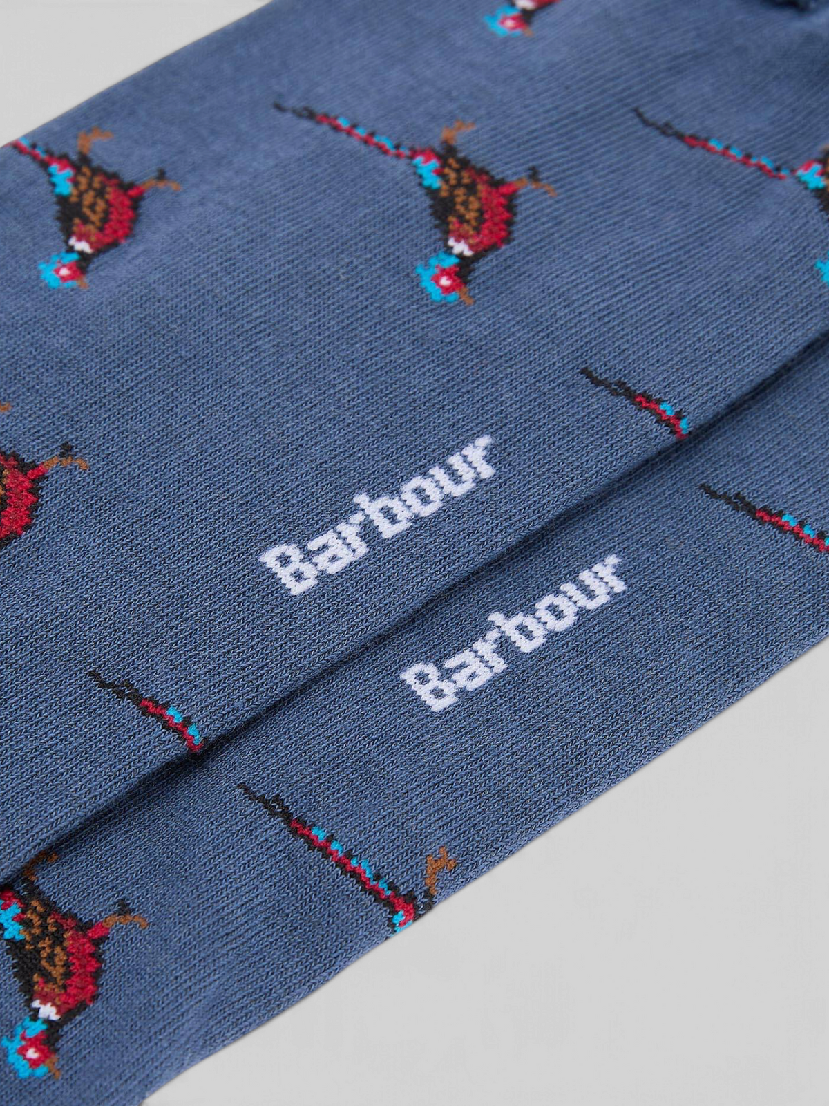 Baffle Haus Barbour Mavin navy ankle socks with pheasant intarsia knit pattern and white logo on the sole