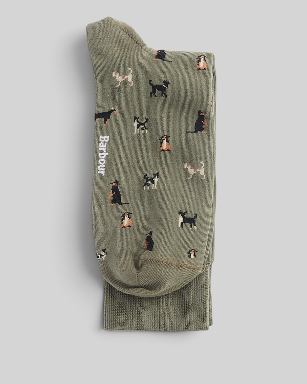 Baffle Haus Barbour Mavin mid olive ankle socks featuring a novelty dog intarsia knit pattern and ribbed cuffs.