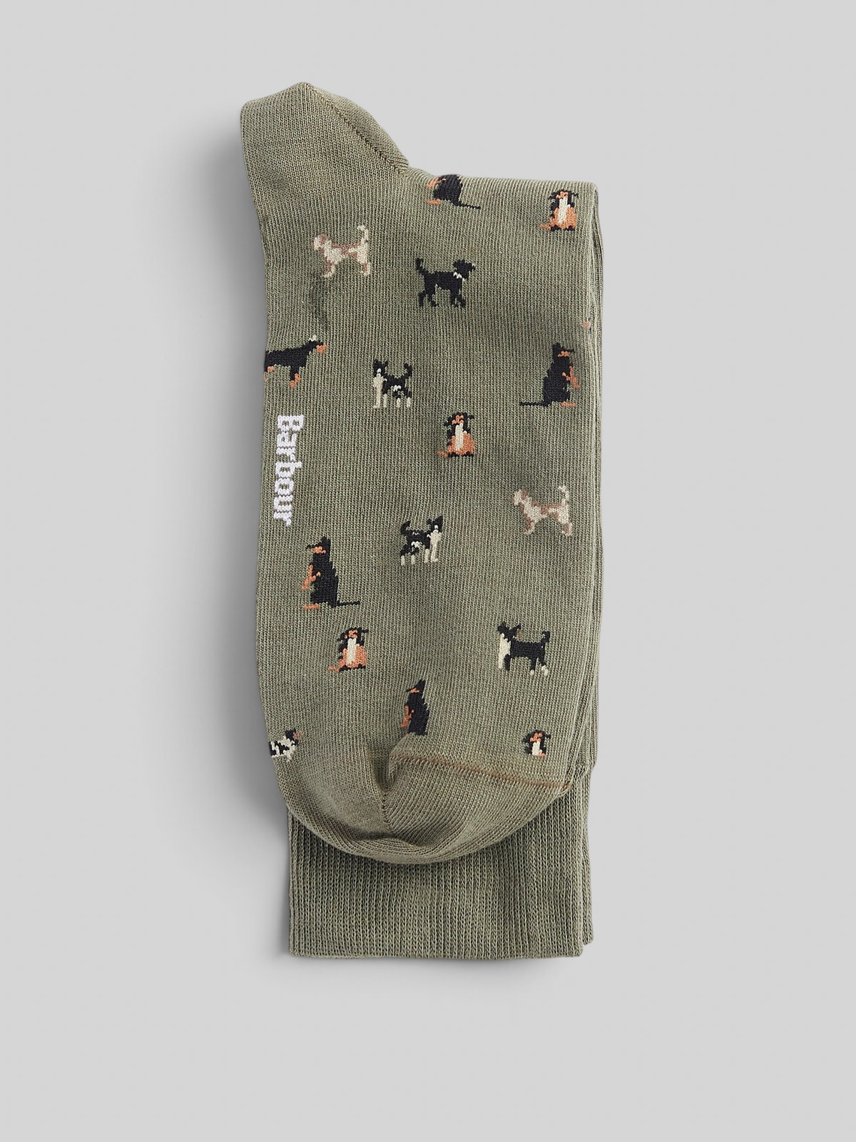 Baffle Haus Barbour Mavin mid olive ankle socks featuring a novelty dog intarsia knit pattern and ribbed cuffs.