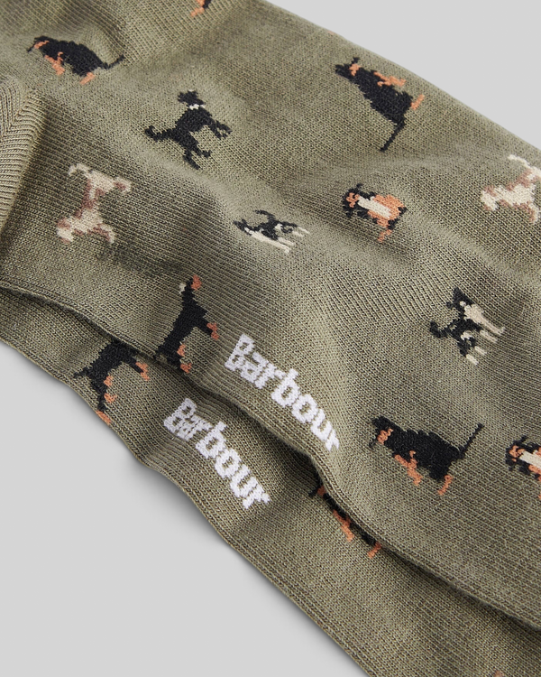 Baffle Haus Barbour Mavin ankle socks in mid olive with a novelty dog intarsia knit pattern and ribbed cuffs
