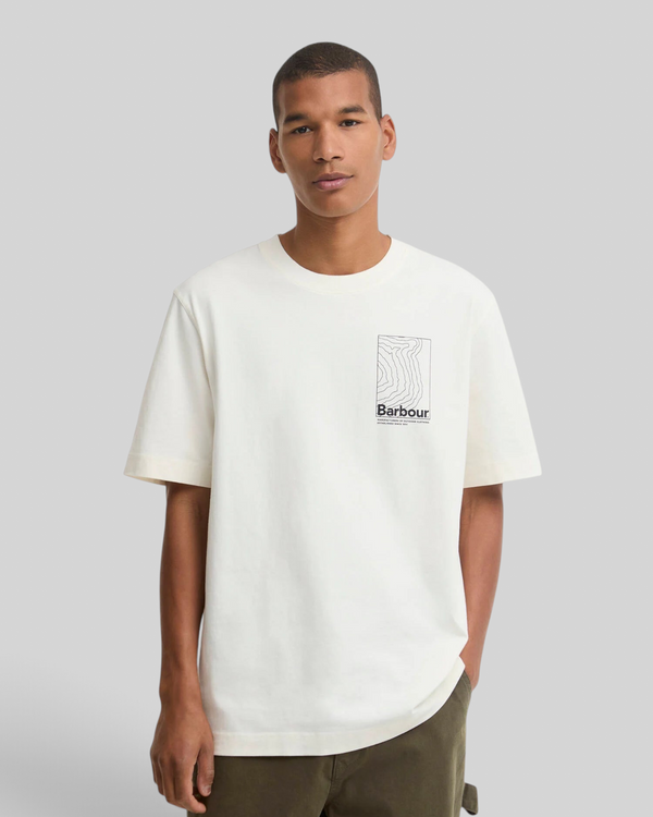 Baffle Haus Barbour Woodbine relaxed fit whisper white cotton t-shirt with chest graphic logo on a male model