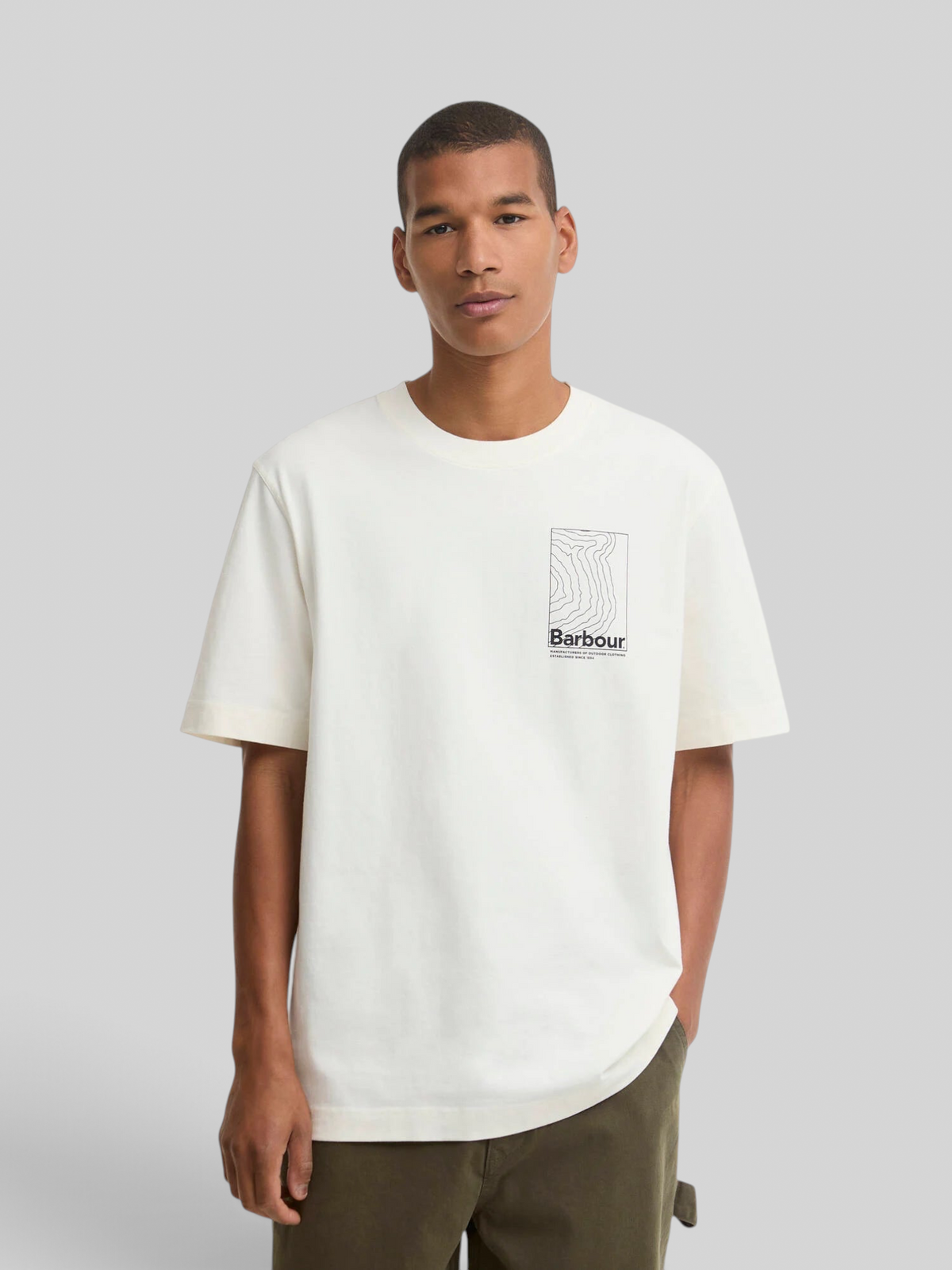 Baffle Haus Barbour Woodbine relaxed fit whisper white cotton t-shirt with chest graphic logo on a male model