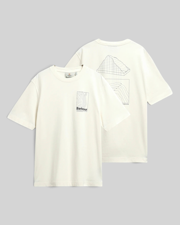 Baffle Haus Barbour Woodbine relaxed fit cotton t-shirt in whisper white with mountain graphic print on back and chest