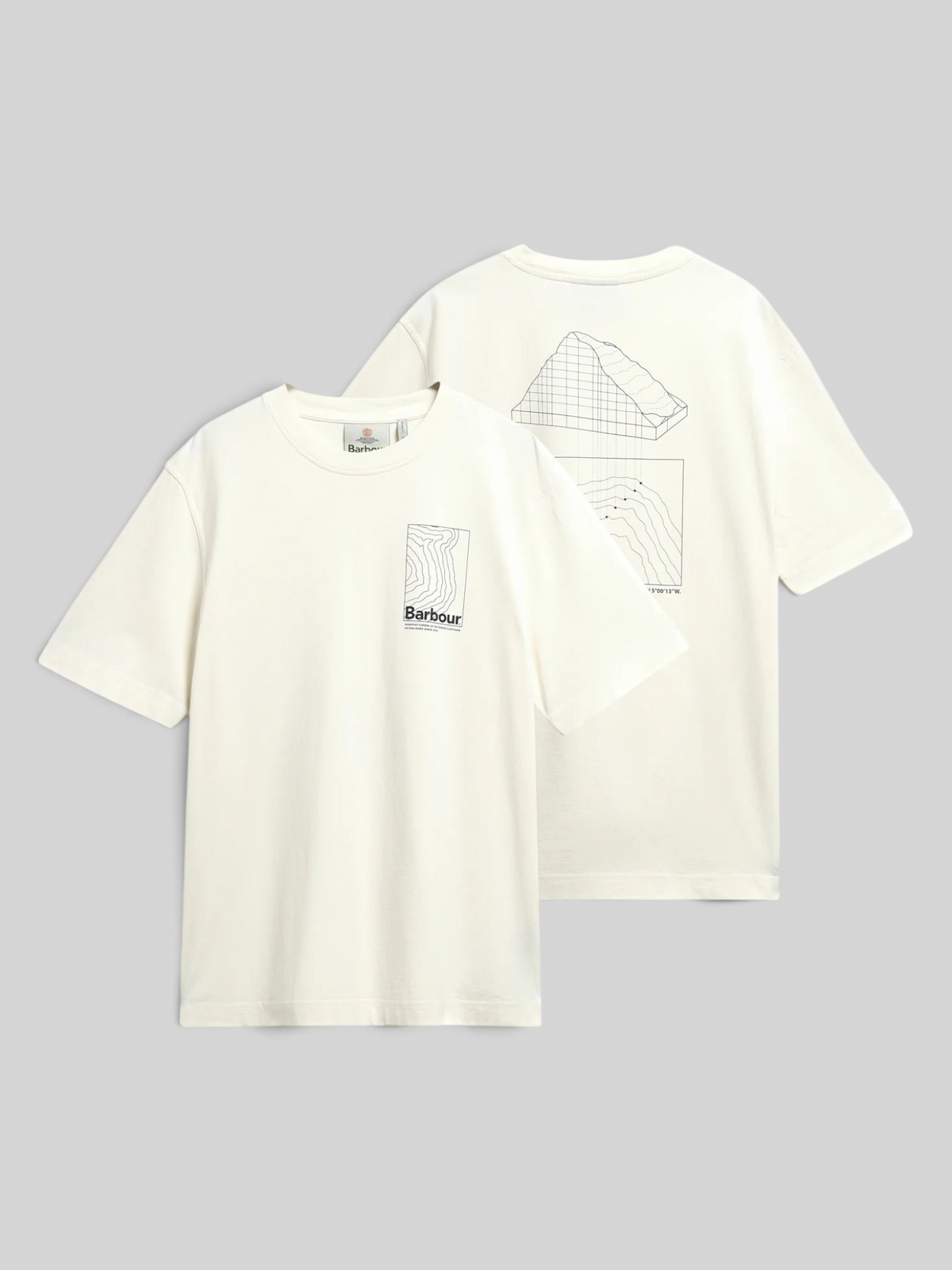Baffle Haus Barbour Woodbine relaxed fit cotton t-shirt in whisper white with mountain graphic print on back and chest