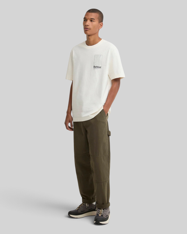 Model wearing a Baffle Haus Barbour Woodbine relaxed fit whisper white cotton t-shirt with chest logo