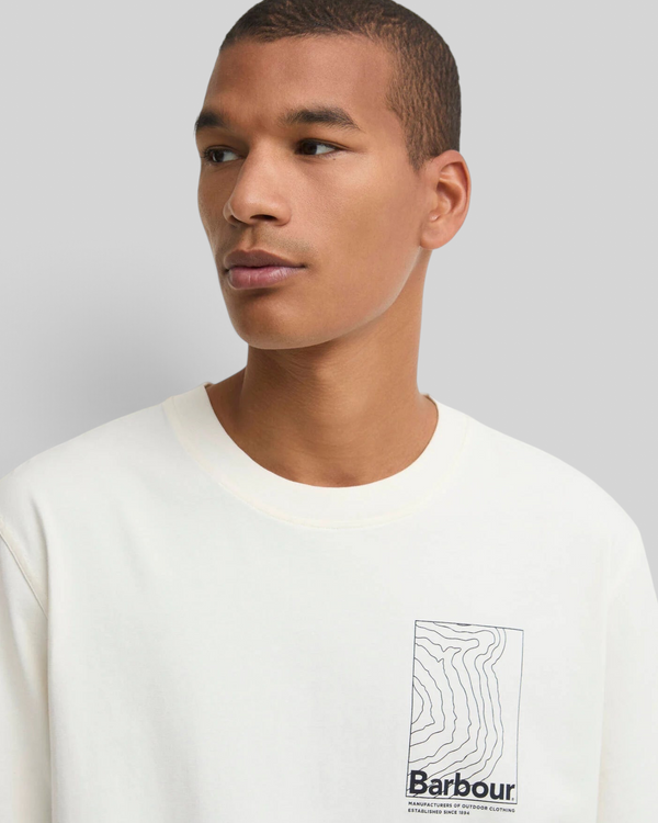 Baffle Haus Barbour Woodbine relaxed fit whisper white cotton t-shirt with chest mountain graphic logo