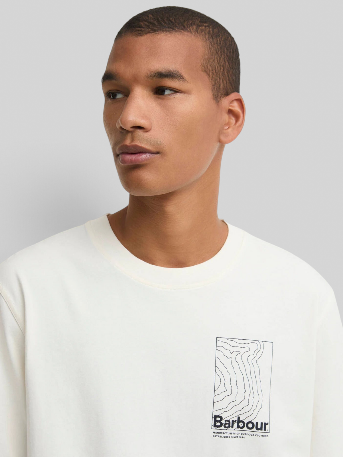 Baffle Haus Barbour Woodbine relaxed fit whisper white cotton t-shirt with chest mountain graphic logo