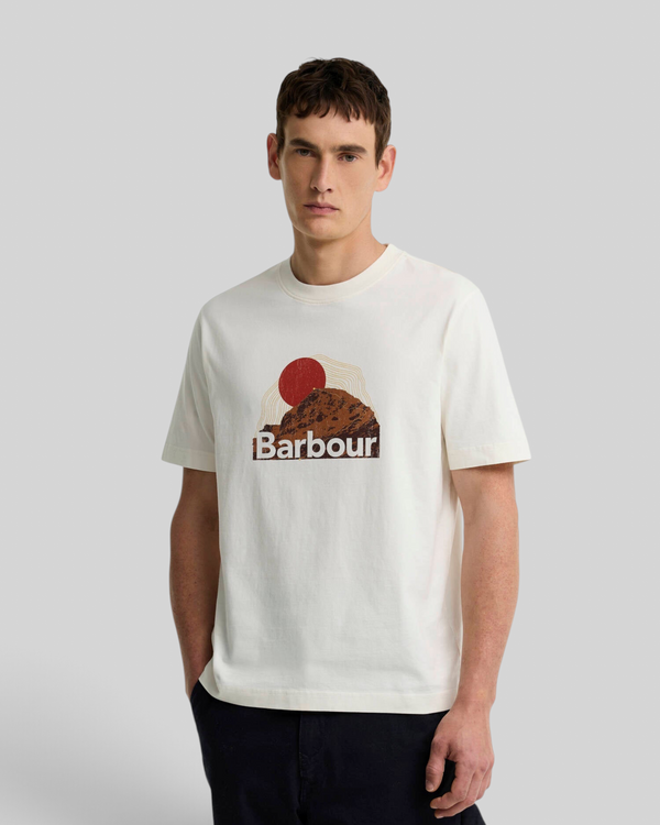 Baffle Haus Barbour Wadsworth relaxed cotton t-shirt in whisper white with a mountain sunset graphic on the chest.