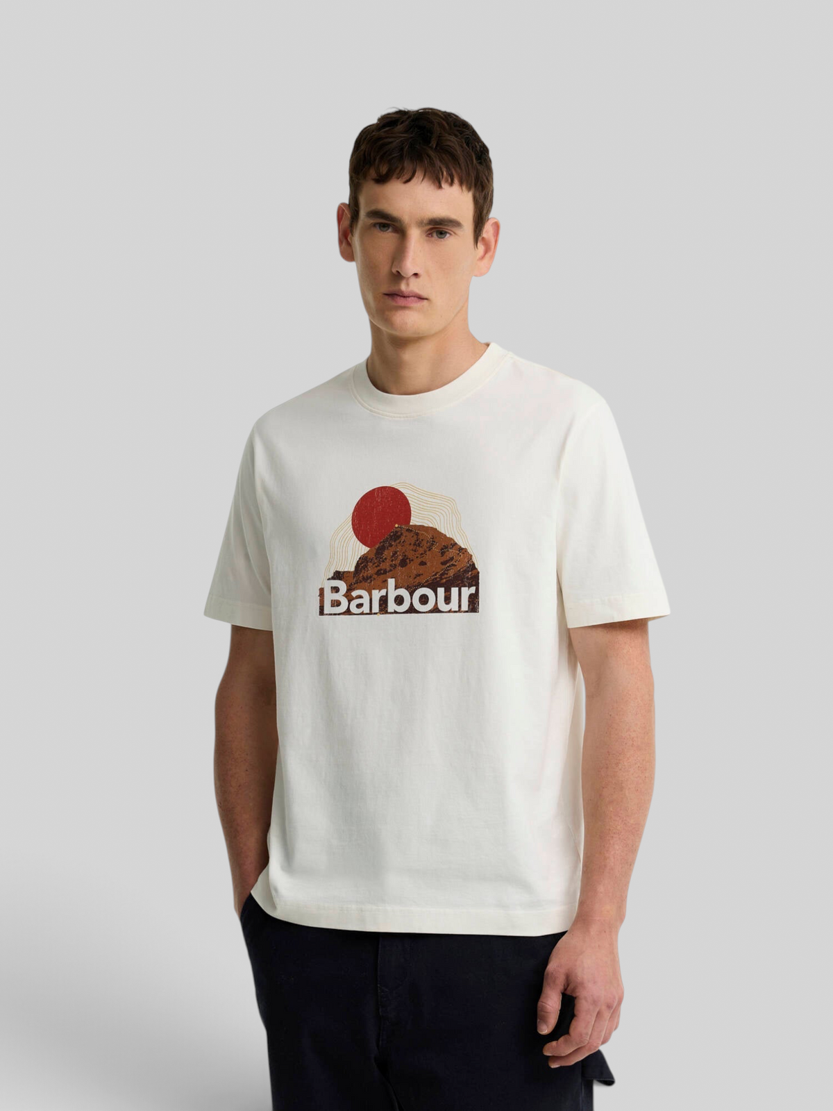 Baffle Haus Barbour Wadsworth relaxed cotton t-shirt in whisper white with a mountain sunset graphic on the chest.