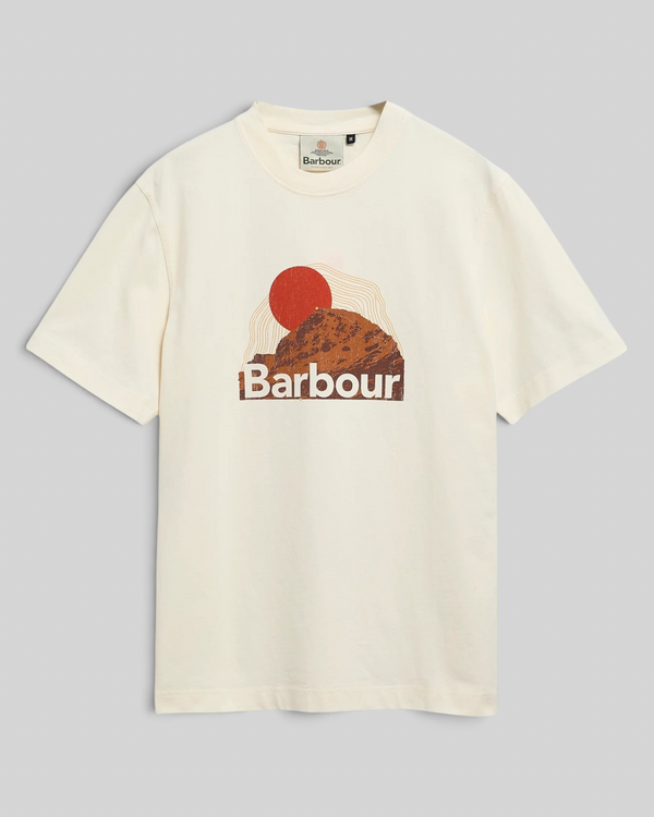 Baffle Haus Barbour Wadsworth relaxed cotton t-shirt in whisper white with a sunset mountain graphic on the chest