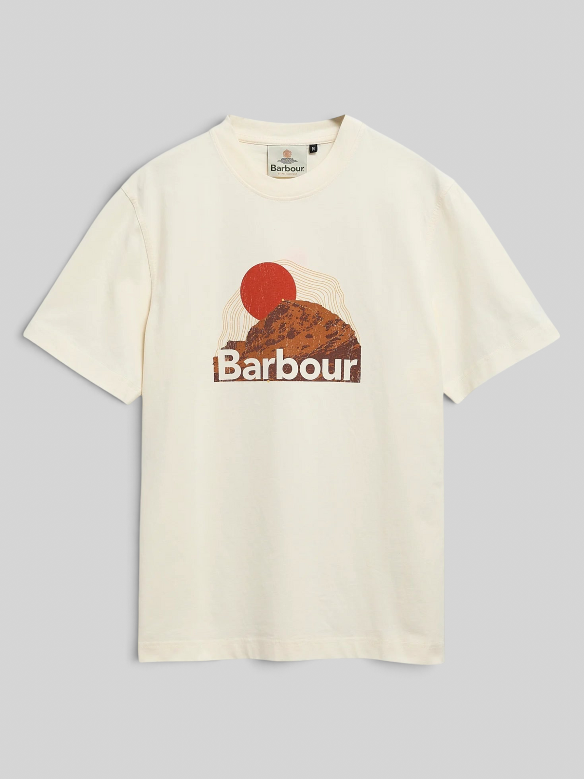 Baffle Haus Barbour Wadsworth relaxed cotton t-shirt in whisper white with a sunset mountain graphic on the chest