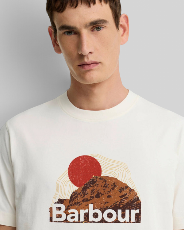 Baffle Haus Barbour Wadsworth relaxed fit whisper white cotton t-shirt with sunset mountain graphic on chest