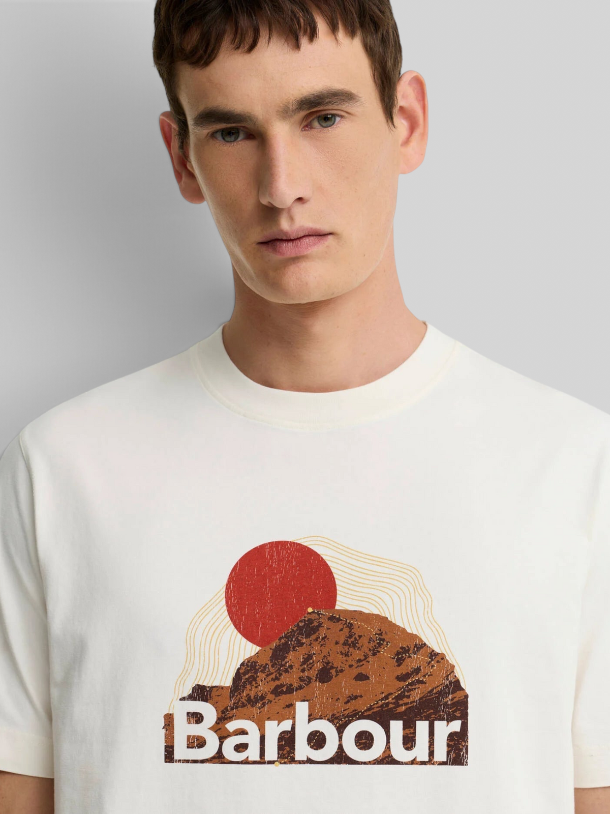 Baffle Haus Barbour Wadsworth relaxed fit whisper white cotton t-shirt with sunset mountain graphic on chest