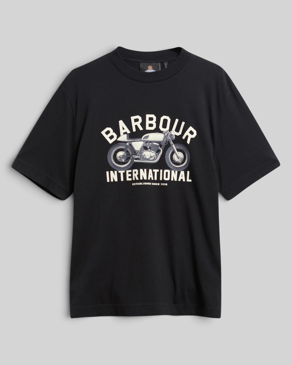 Baffle Haus black 100% cotton relaxed-fit t-shirt with a Barbour International motorcycle graphic on the chest.