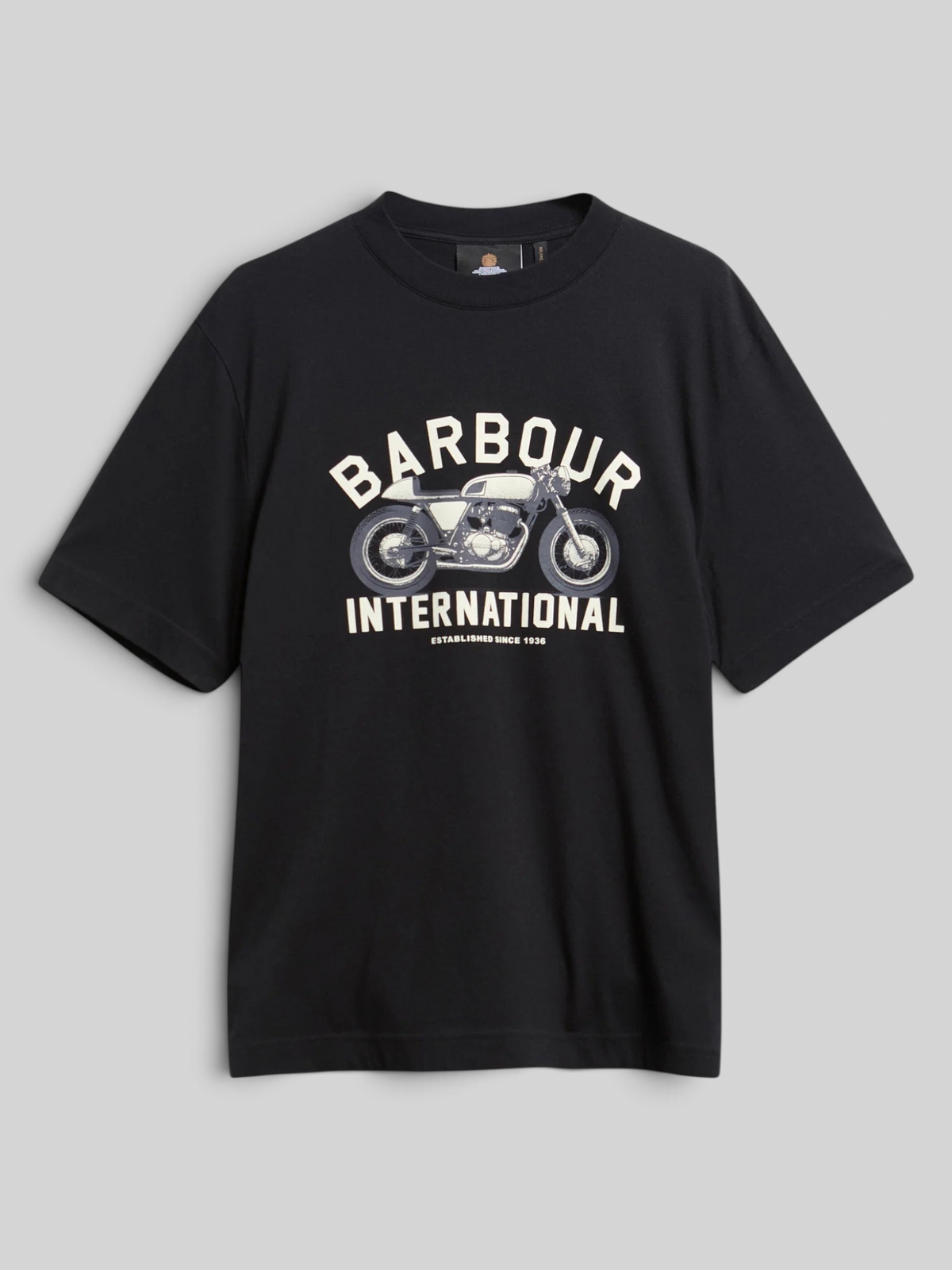 Baffle Haus black 100% cotton relaxed-fit t-shirt with a Barbour International motorcycle graphic on the chest.