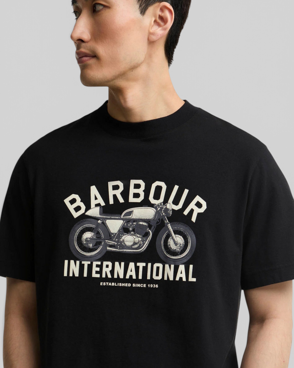 Baffle Haus black 100% cotton t-shirt featuring a vintage motorcycle graphic print on the chest for men