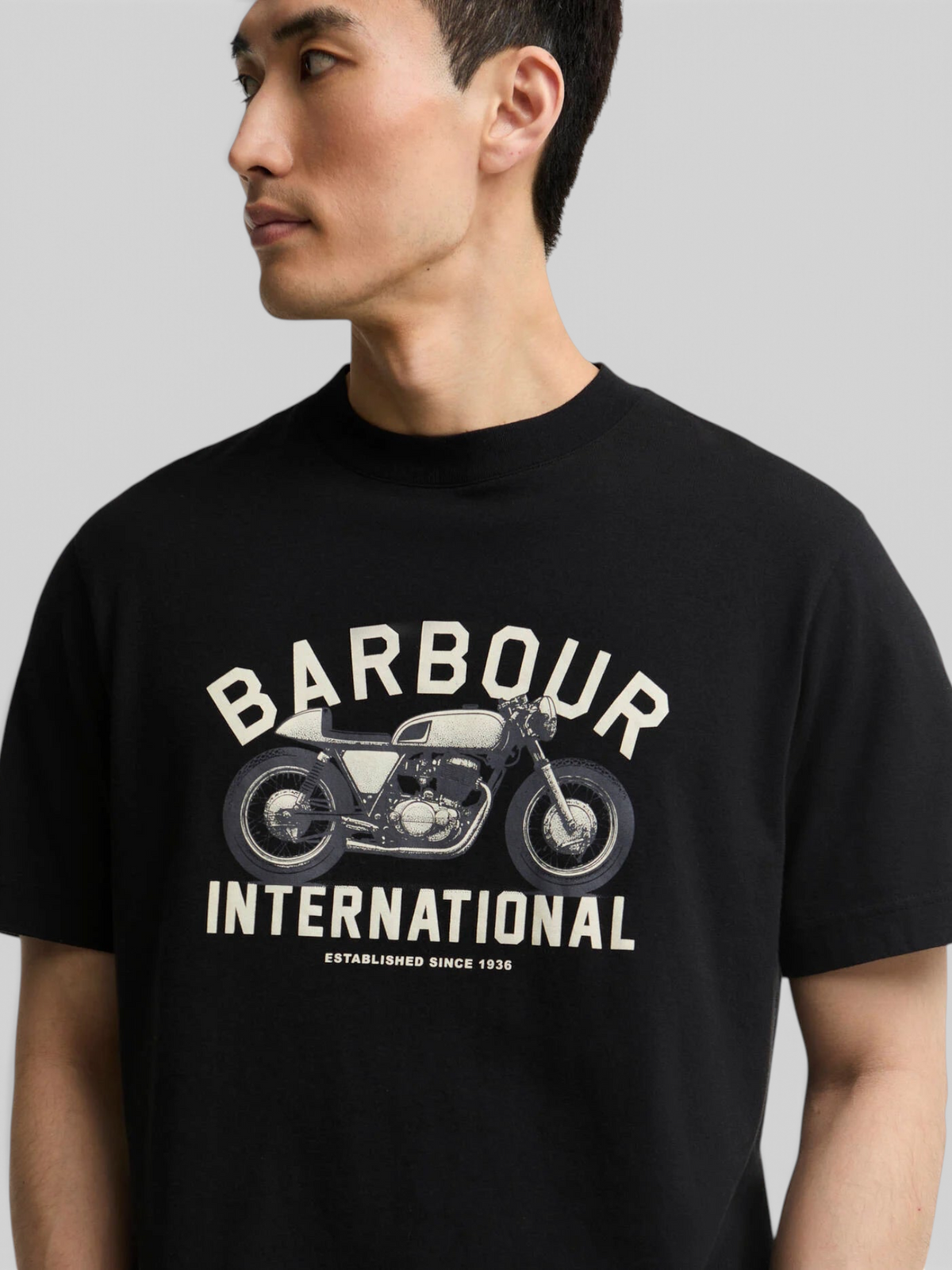 Baffle Haus black 100% cotton t-shirt featuring a vintage motorcycle graphic print on the chest for men