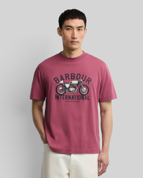 Baffle Haus maroon 100% cotton t-shirt with a vintage motorcycle graphic print on the chest worn by a male model