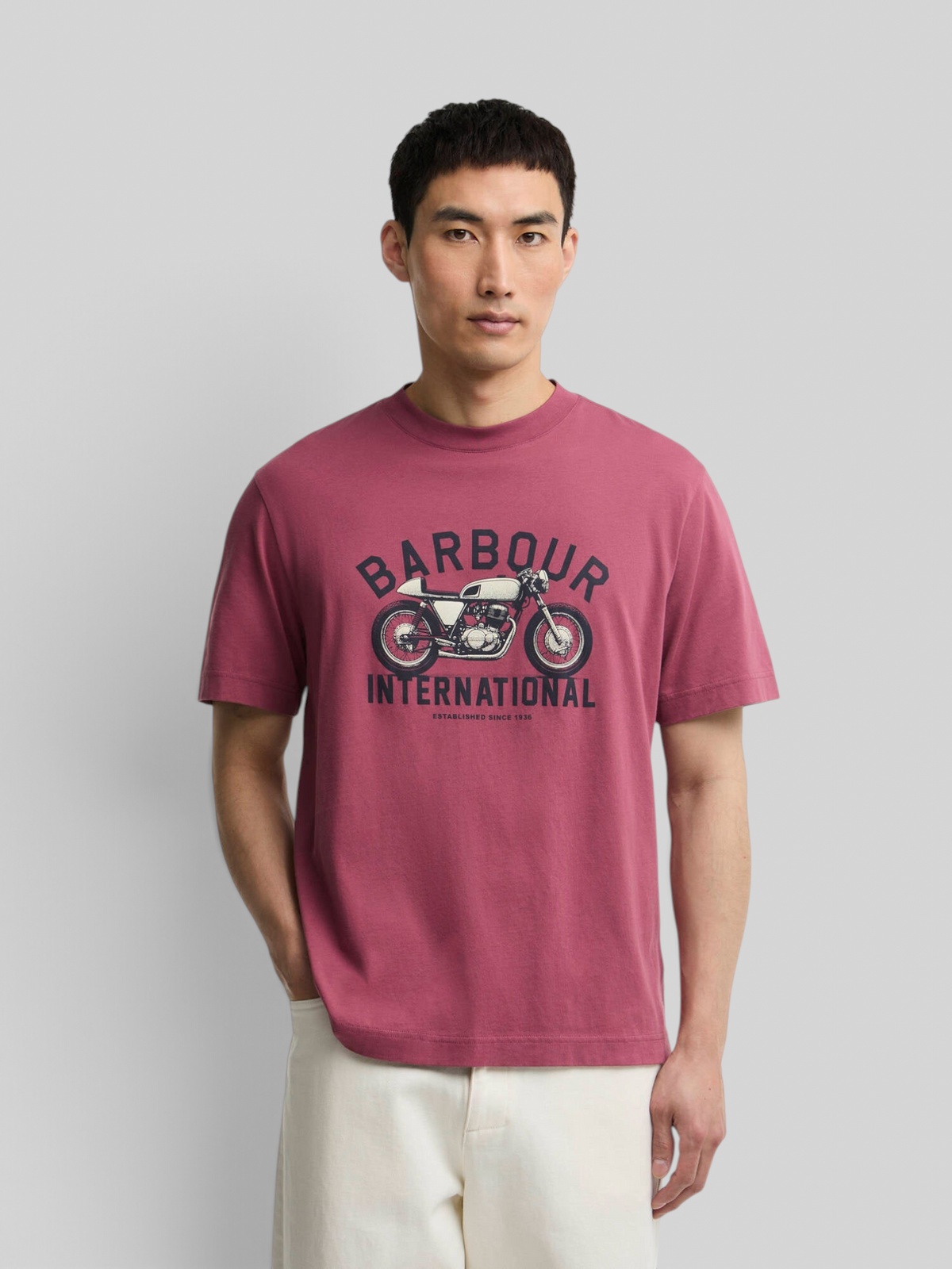 Baffle Haus maroon 100% cotton t-shirt with a vintage motorcycle graphic print on the chest worn by a male model