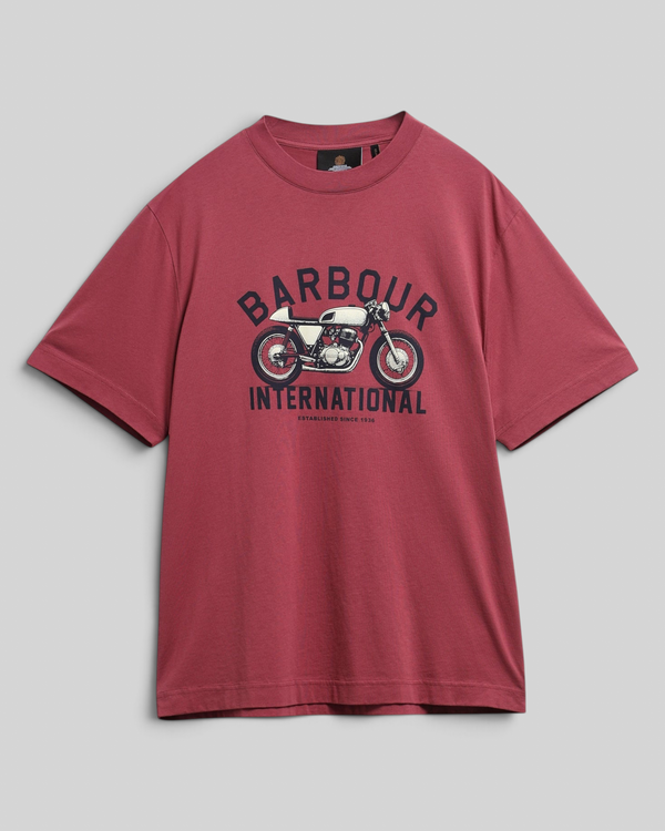 Baffle Haus maroon 100% cotton t-shirt featuring a vintage motorcycle graphic print on the chest.