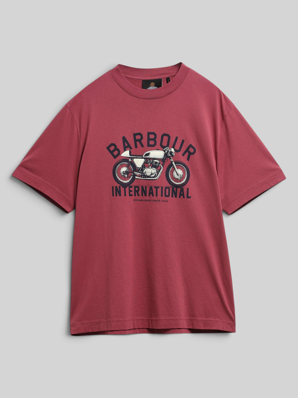 Baffle Haus maroon 100% cotton t-shirt featuring a vintage motorcycle graphic print on the chest.