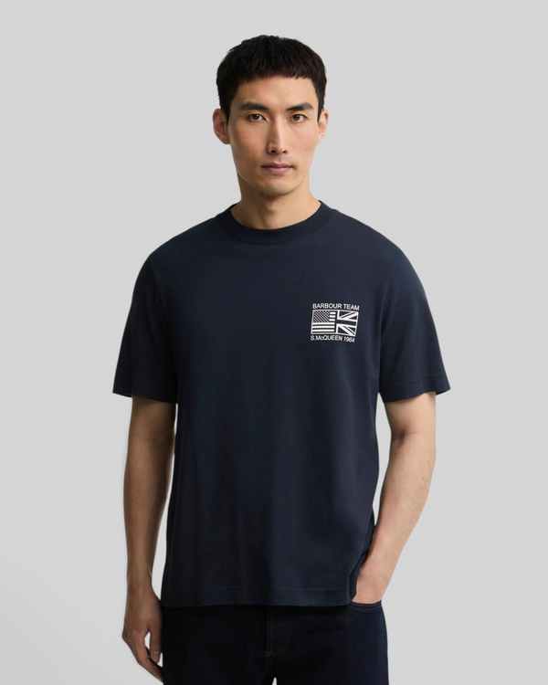 Baffle Haus navy cotton crew neck t-shirt featuring a white Steve McQueen graphic print on the chest