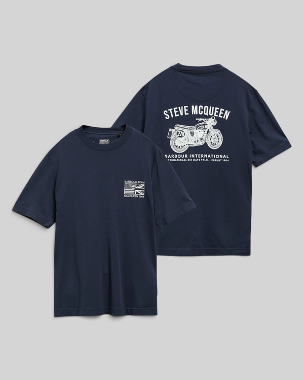 Baffle Haus navy cotton t-shirt with Steve McQueen motorcycle graphic print on the chest and back