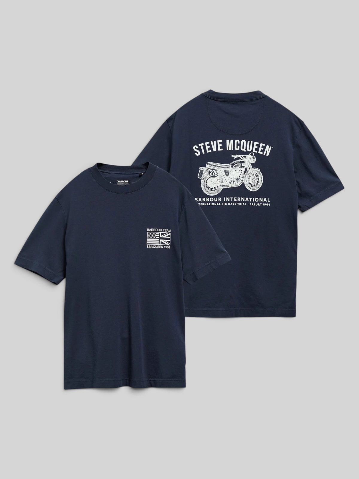 Baffle Haus navy cotton t-shirt with Steve McQueen motorcycle graphic print on the chest and back