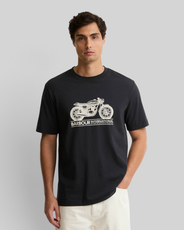 Baffle Haus Barbour International black cotton crew neck t-shirt featuring a vintage motorbike graphic on the chest.