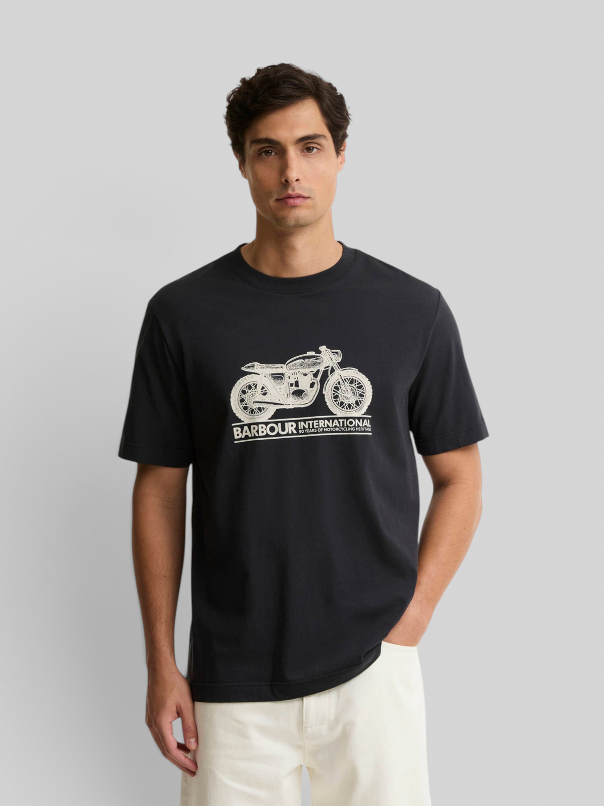 Baffle Haus Barbour International black cotton crew neck t-shirt featuring a vintage motorbike graphic on the chest.